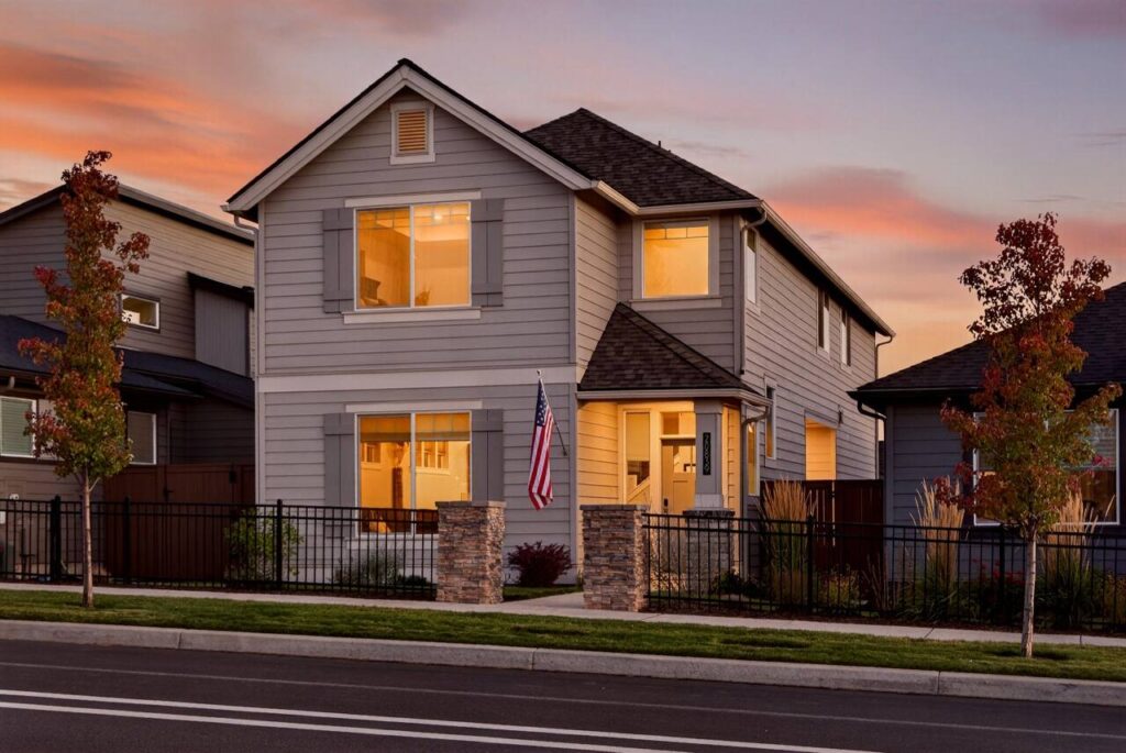Ridgeline property management Bend Oregon rental home exterior at twilight